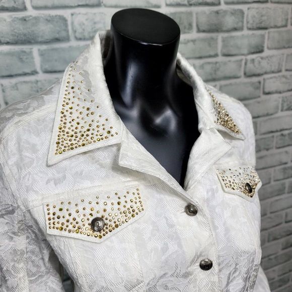 Vintage 90s Christine Alexander S White Filigree‎ Denim Studded Western Jacket - Picture 2 of 10